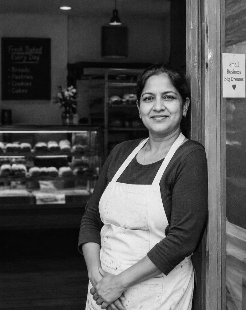 Bakery owner standing in her shop doorway