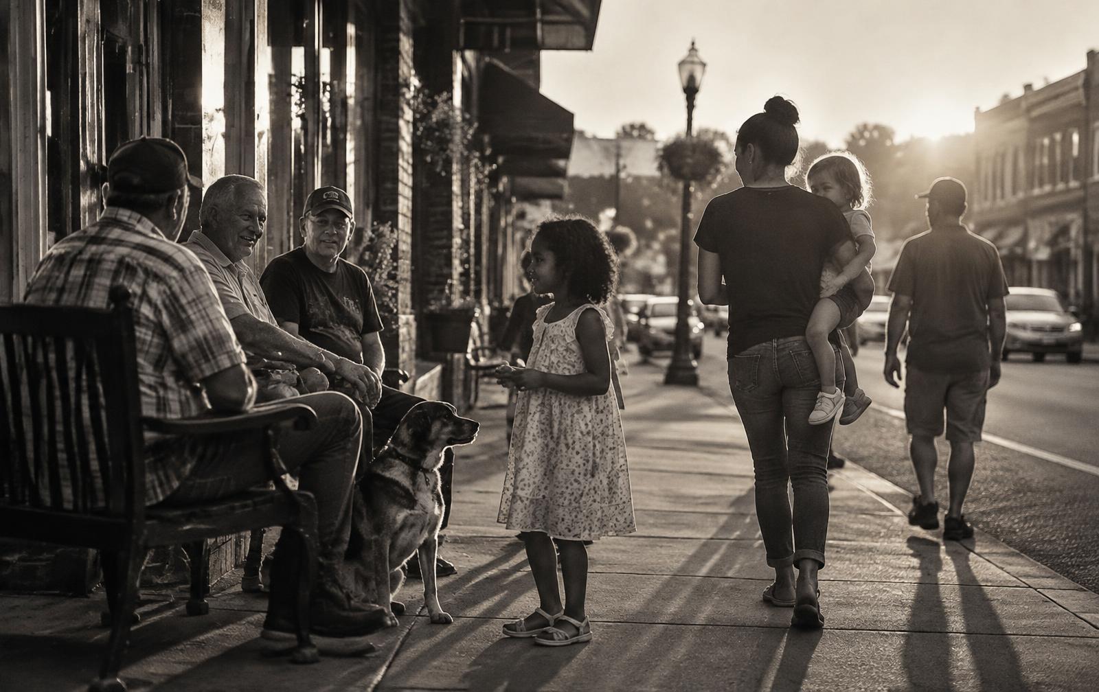 Neighbors of different ages talking on a small-town main street at sunset